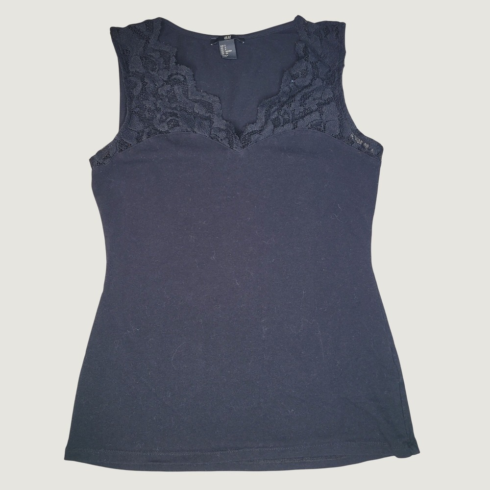 HM‎ Womens Small Black Lace Trim Sleeveless Tank Top Sweetheart Neck Y2K